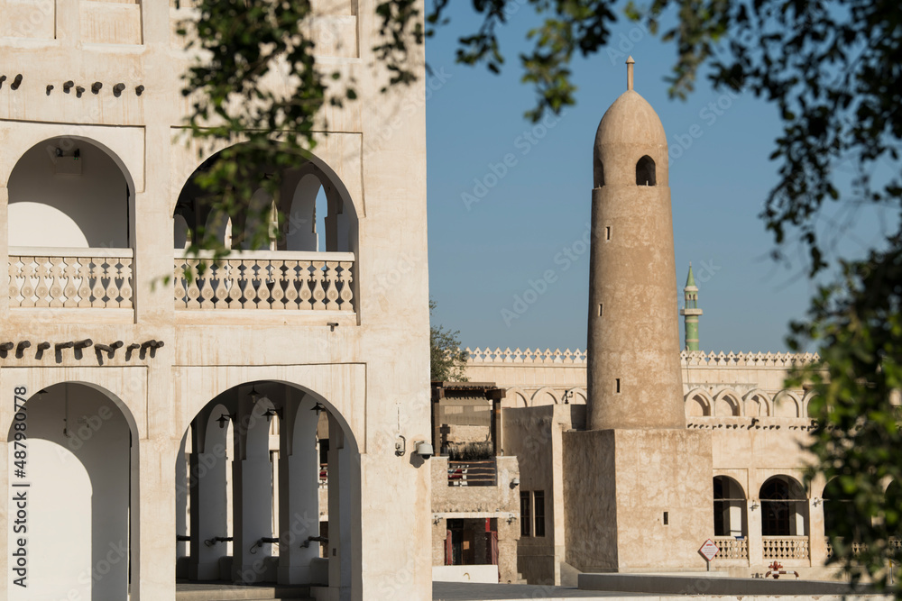 Doha, Qatar, May,6,2019, Traditional Arabian mosque with minarets in old market Souk Waqif.