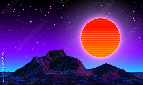 Retro futuristic background 1980s style. Digital landscape in a cyber world.