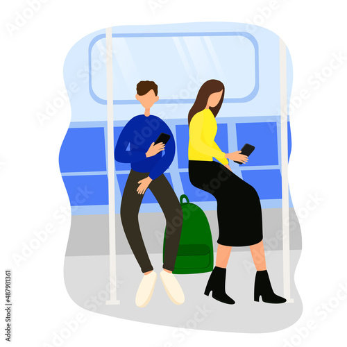 people in the subway with smartphones in their hands. Vector flat illustration on a white background