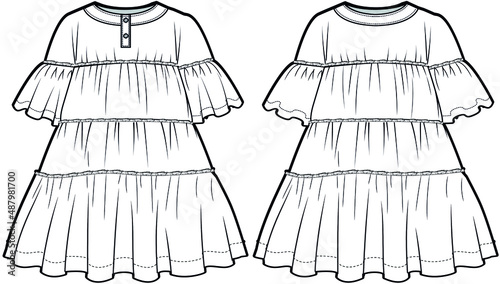 Baby Girl's Henley Neck Bell Sleeve Tiered Frock Dress Front and Back View. fashion illustration vector, CAD, technical drawing, flat drawing.