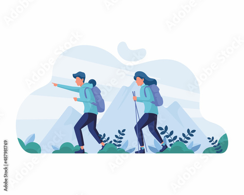 Mountain tourism, Hiking, traveling on nature concept. Young happy couple cartoon characters tourists backpackers hikers hiking on nature with sticks together vector illustration