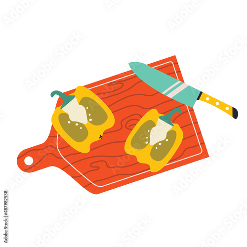 Cooking process. Peppers on wooden cutting  board. Knife chopping vegetables. Cute hand drawn vector colorful cartoon style illustration