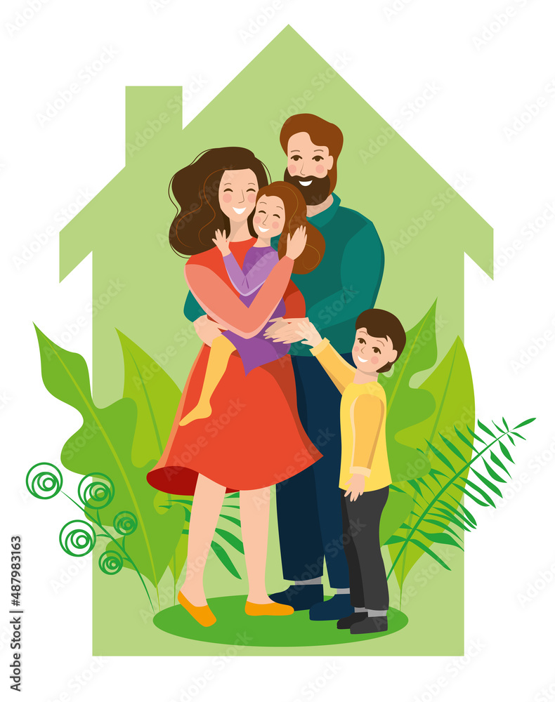 A loving happy family stands against the background of the house, with plants, hugging A loving happy family stands against the background of the house, with plants, hugging