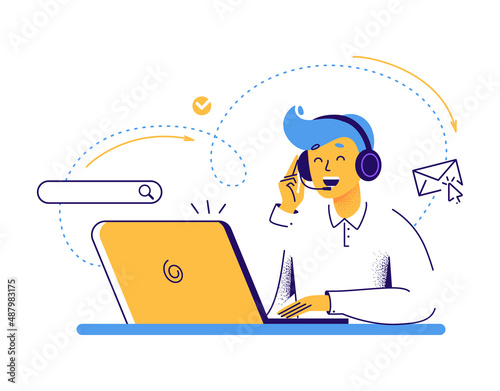 Man figure with a sales headset on. Clients assistance, call center, hotline operator, consultant manager
