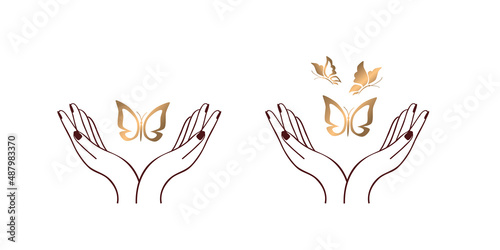 Female hands with butterflies. Continuous one line art drawing style. Dark brown linear sketch isolated on white background. Vector illustration.