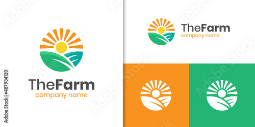 agriculture farmer garden nature with sun and leaf logo design vector template