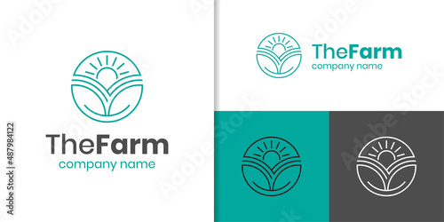 agriculture farmer garden nature with sun and leaf logo design vector template