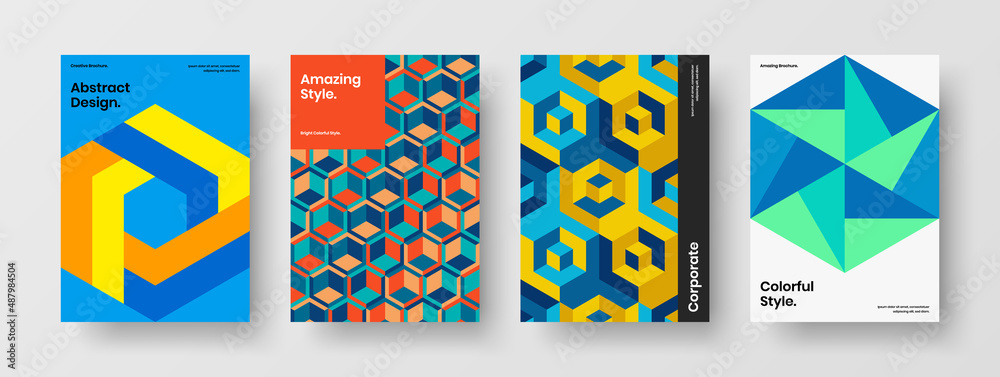 Multicolored geometric shapes postcard concept collection. Unique corporate brochure A4 vector design template composition.