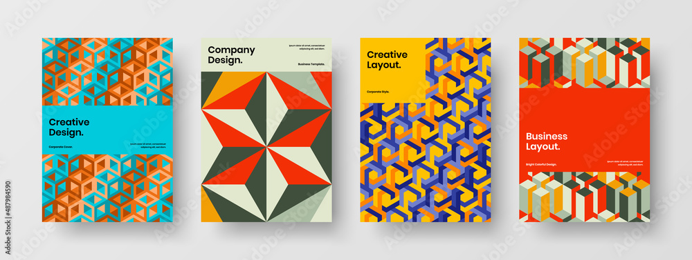 Premium geometric shapes banner illustration bundle. Trendy cover A4 design vector layout set.