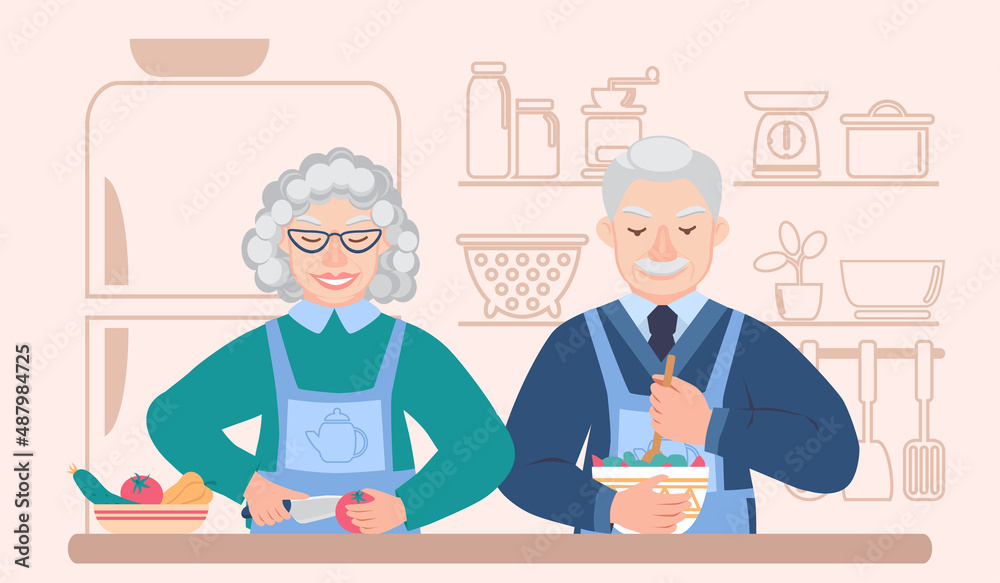 Elderly couple cooks together in the kitchen. Grandma cuts vegetables. Grandpa is stirring the salad. Silhouette of refrigerator and kitchen utensils in the background. Housework. Vector illustration Elderly couple cooks together in the kitchen. Grandma cuts vegetables. Grandpa is stirring the salad. Silhouette of refrigerator and kitchen utensils in the background. Housework. Vector illustration