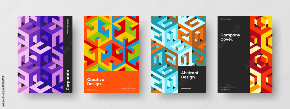 Isolated mosaic pattern corporate brochure illustration collection. Bright journal cover vector design concept composition.