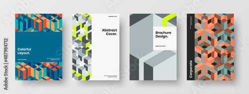 Clean corporate brochure A4 vector design illustration bundle. Modern mosaic pattern catalog cover concept composition.