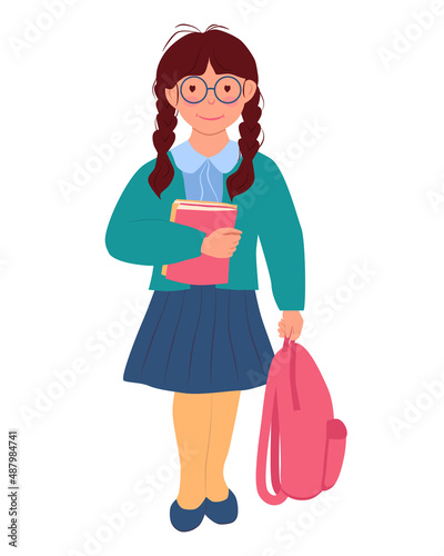 A little girl in a skirt and a jacket with books in her hand. Schoolgirl in glasses is holding a backpack in her hand. Vector illustration in flat style on a white background