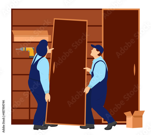 Workers assemble furniture. Two workers are installing a heavy door of the wardrobe. Assembling or dismantling furniture. Vector Illustration in flat style on white background.