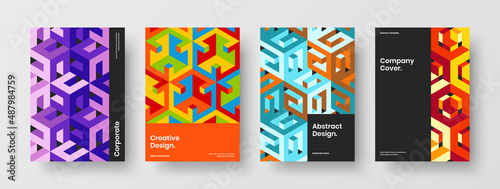 Isolated mosaic pattern corporate brochure illustration collection. Bright journal cover vector design concept composition.