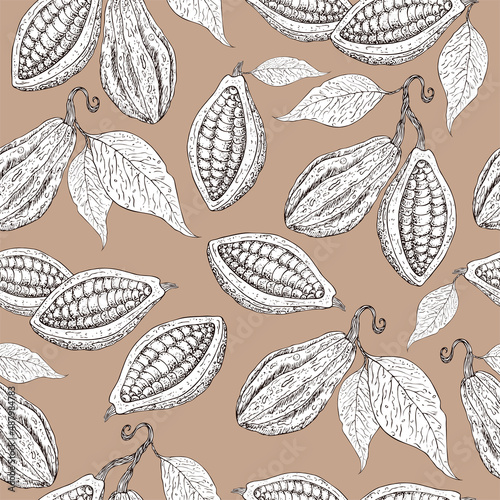 Cocoa pattern. Organic healthy food background. Cocoa beans print. Hand drawn cacao branch with fruits. Great for textie, fabric, banner. Cocoa beans, leaves, seeds, cocoa texture. Superfood cacao.