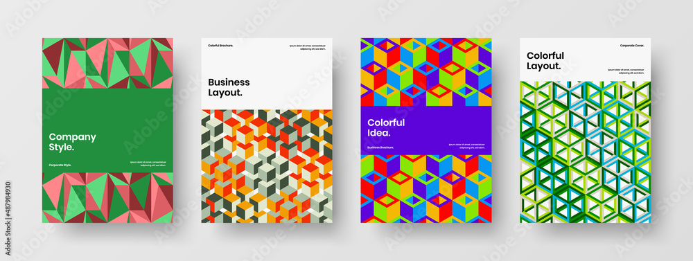 Obraz premium Modern geometric hexagons corporate brochure layout bundle. Simple handbill vector design illustration composition.