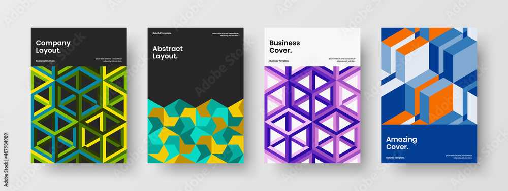 Original booklet A4 design vector template set. Creative mosaic hexagons pamphlet layout bundle.