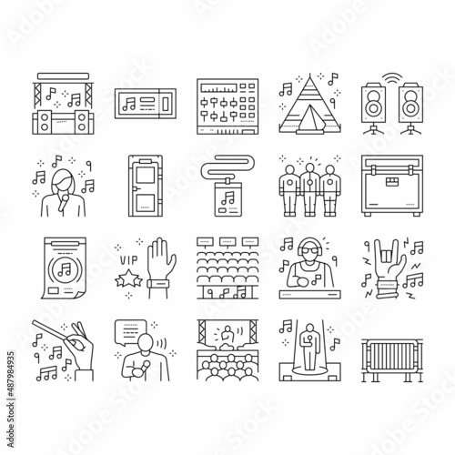 Music Festival Band Equipment Icons Set Vector .