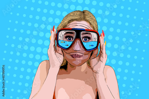 Funny young blonde woman in swimsuit and goggles is posing isolated on blue background. Emotional girl ready to swimming in sea ocean pool. Pop art illustration. Modern poster banner with copy space.