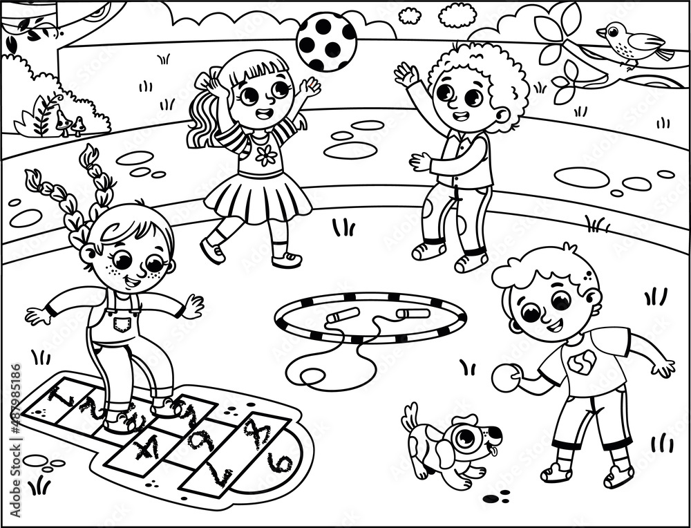 Black and white a vector illustration of happy kids playing in the