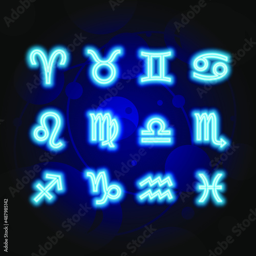 Horoscope signs on a space background with planets. Horoscope for 12 months, neon light, space, galaxy, prediction, divination, future, time. Vector illustration