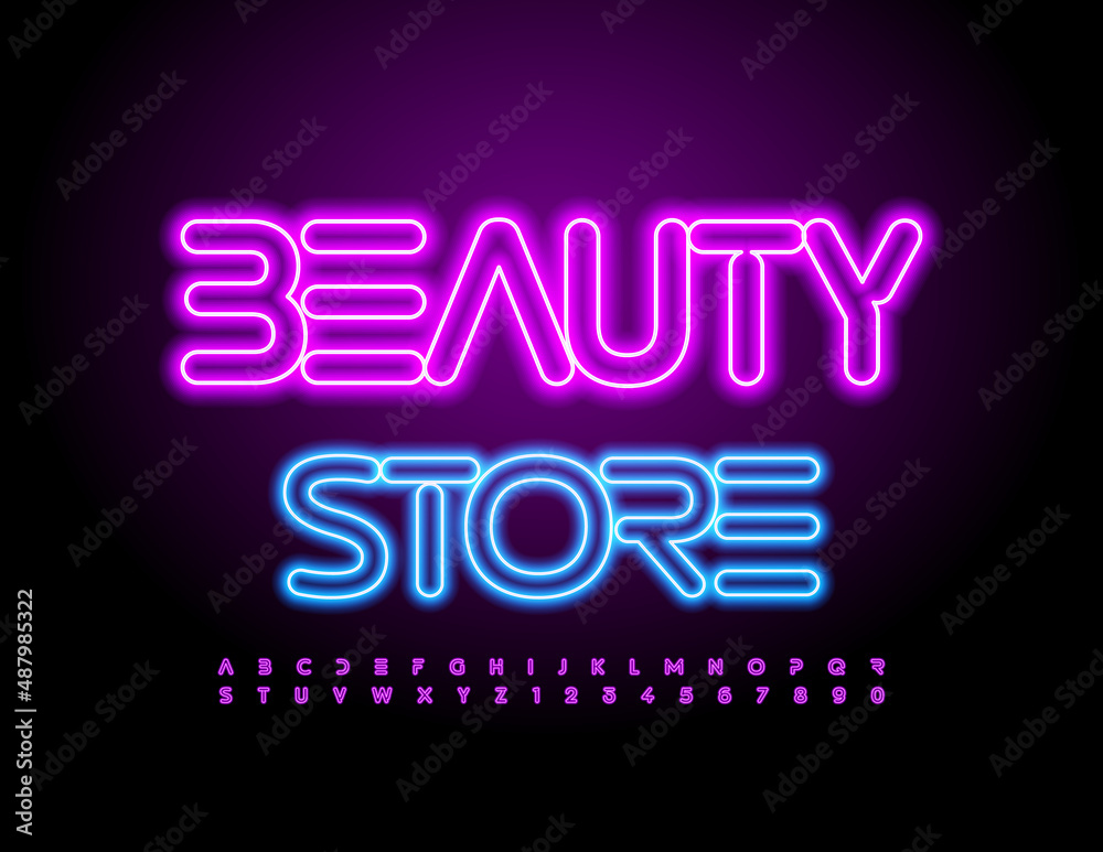 Vector colorful Poster Beauty Store. Modern Neon Font. Glowing Alphabet Letters and Numbers set