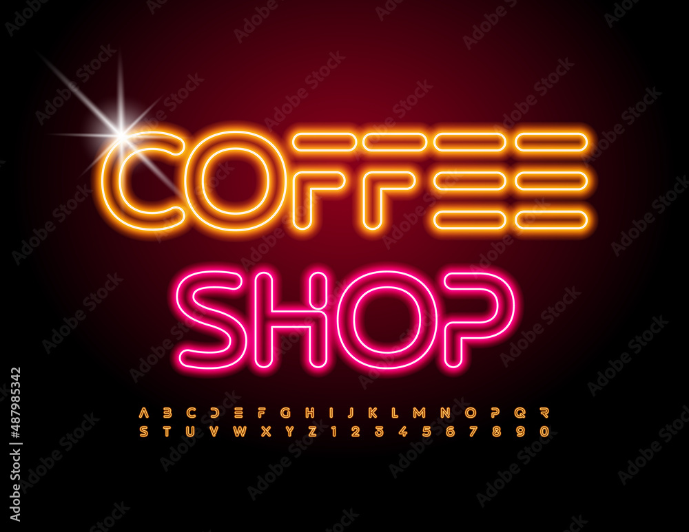 Vector colorful Banner Coffee Shop. Bright Neon Font. Modern Neon Alphabet Letters and Numbers