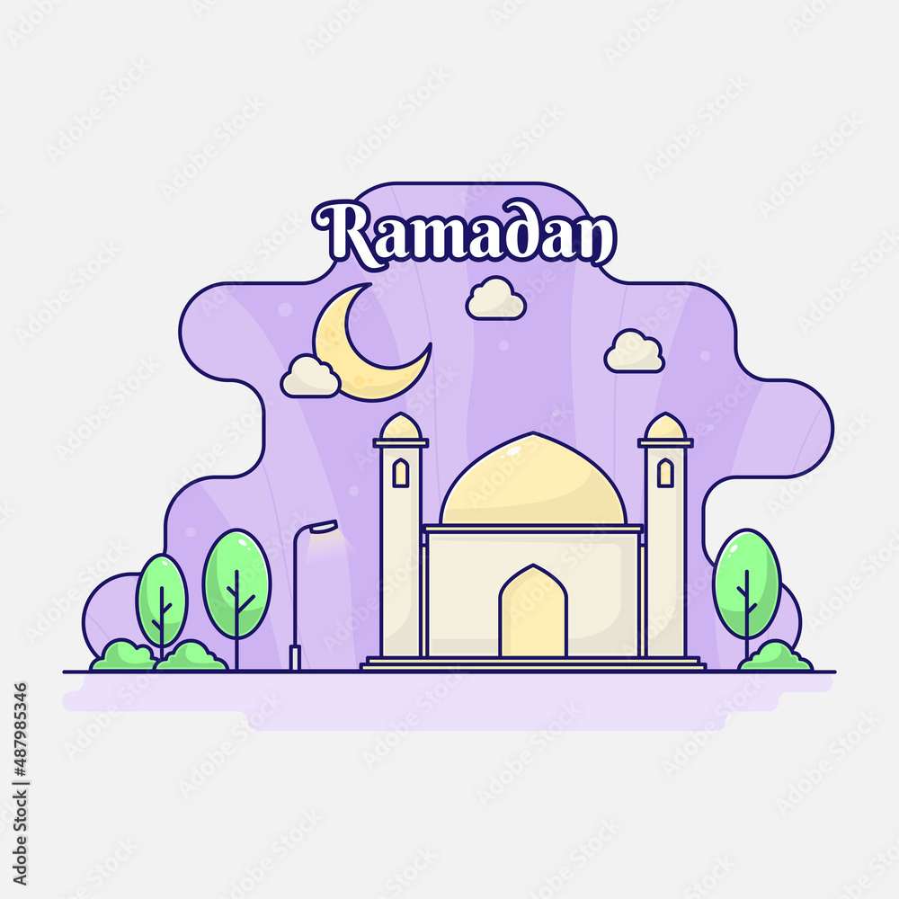 Ramadan Kareem Islamic background with flat landscape design