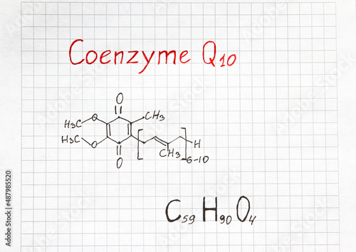 Chemical formula of Coenzyme Q10. Useful vitamin quinone for cells. Close-up.