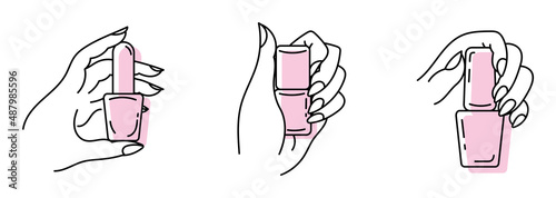 A set of illustrations with women's hands and nails. Nail polish. Online art, offline. Isolated on a white background.