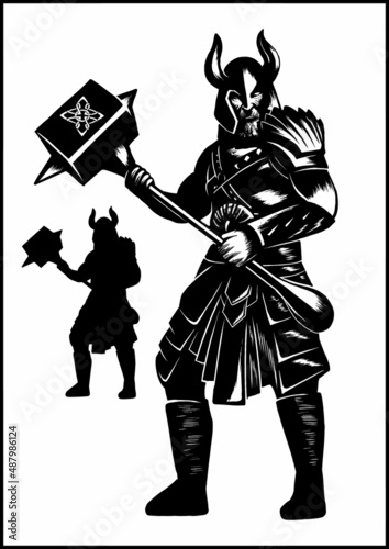 Isolated silhouette of a viking in full-length in a helmet with horns and a large hammer in his hands. A brutal character without a background, a Scandinavian warrior with a beard and a white eye.
