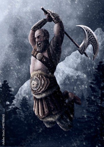 An angry Viking in a jump with an axe in his hands in leather armor with fur and a bare torso. A Scandinavian warrior with beard on the background of an icy mountain and a gray sky with snow clouds.