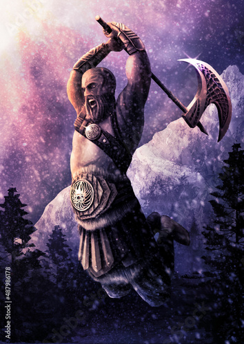 Foto Northern warrior in the bright rays of the sun against the background of an icy mountain and a sky with snow clouds