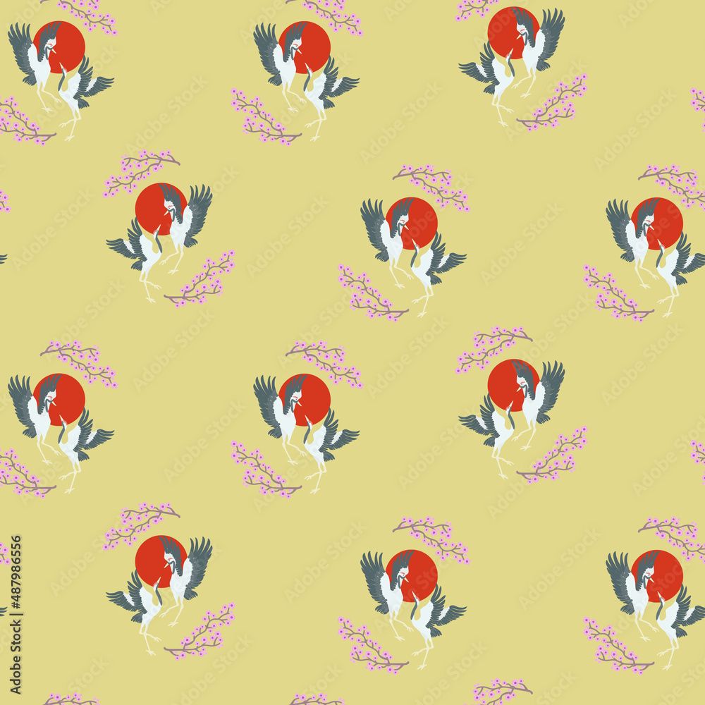 Dancing Japanese cranes. Design, backgrounds, poster