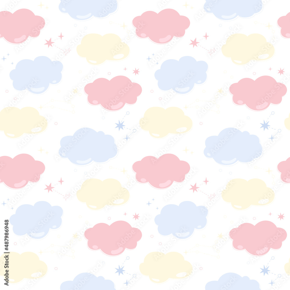 Seamless pattern. White background. Colored clouds and stars vector texture. Fashionable print for textiles and wallpapers.