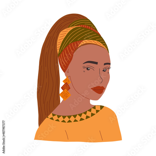 Beautiful African girl with headband on her head and long tail. Long rhomboid earring. Colorful vector isolated illustration hand drawn. African American young woman