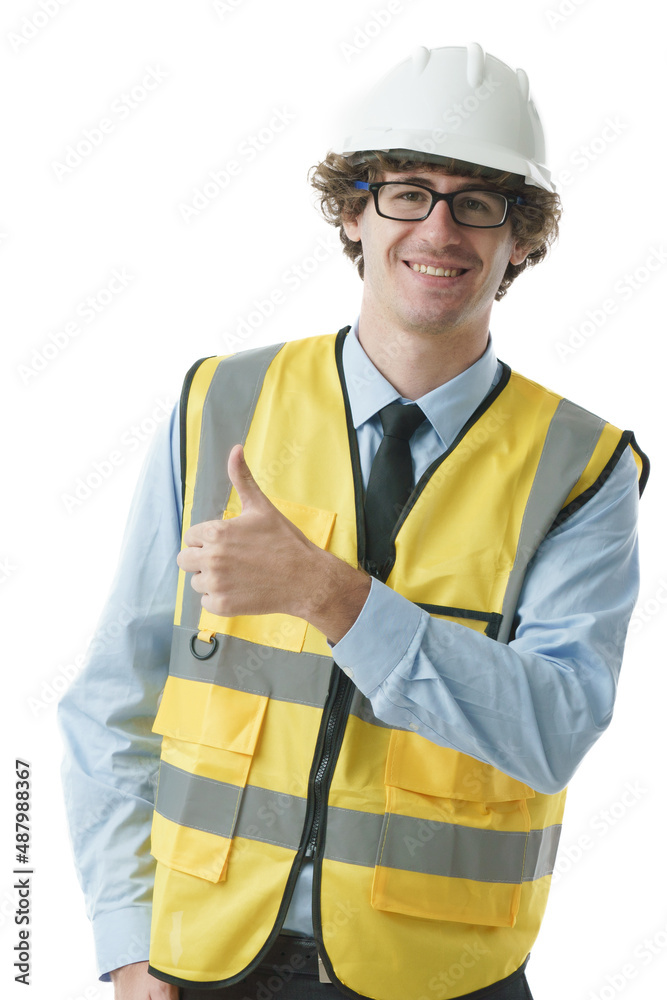 Young Caucasian civil engineer, construction worker wearing hard hat and safety uniform smiling looking toward camera thumb up, isolated in white background, industrial occupation portrait concept. Young Caucasian civil engineer, construction worker wearing hard hat and safety uniform smiling looking toward camera thumb up, isolated in white background, industrial occupation portrait concept.