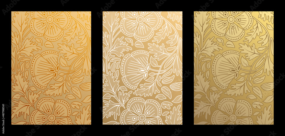 Ensemble de fond aux nuances cuivre et or avec une décoration au motif floral stylisé incrusté.
