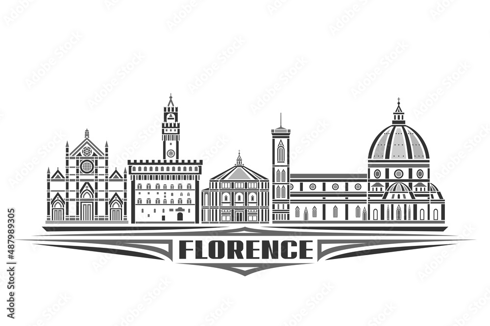 Vector illustration of Florence, monochrome horizontal poster with linear design famous florence city scape, urban line art concept with decorative letters for black word florence on white background