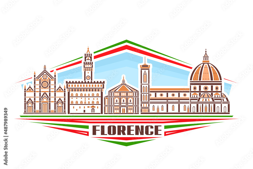 Vector illustration of Florence, horizontal sign with linear design famous florence city scape on day sky background, european urban line art concept with decorative lettering for brown word florence