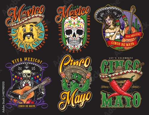 Colorful emblems set with characters in sombreros