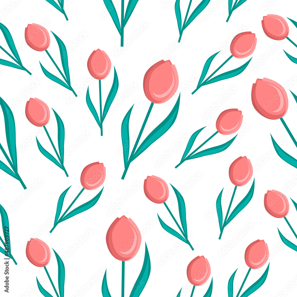 Seamless pattern of pink tulips flowers on a white background.Vector pattern.