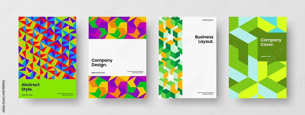 Multicolored geometric hexagons presentation template collection. Trendy handbill A4 vector design illustration composition.