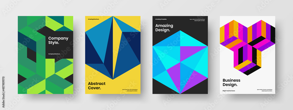 Unique geometric tiles corporate brochure concept bundle. Minimalistic front page design vector layout set.