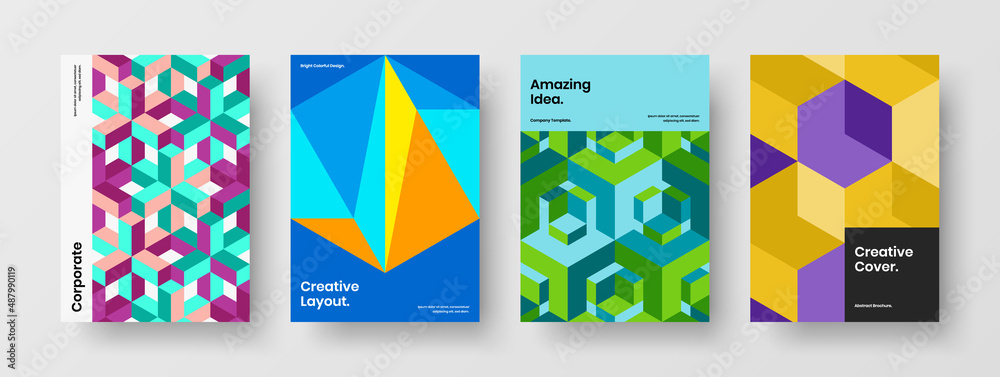 Fototapeta premium Premium geometric shapes placard illustration set. Creative corporate brochure A4 design vector template composition.