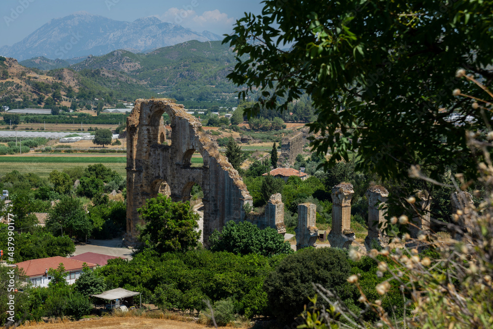 Aspendos acropolis Ancient city ruins, cisterns, aqueducts and old temple. Antalya Turkey.