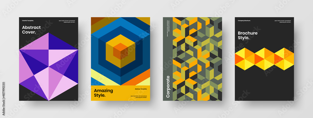 Fototapeta premium Unique geometric tiles magazine cover illustration composition. Isolated flyer design vector layout collection.