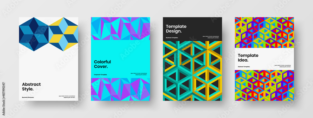 Fototapeta premium Original pamphlet A4 design vector template composition. Isolated mosaic shapes handbill concept set.
