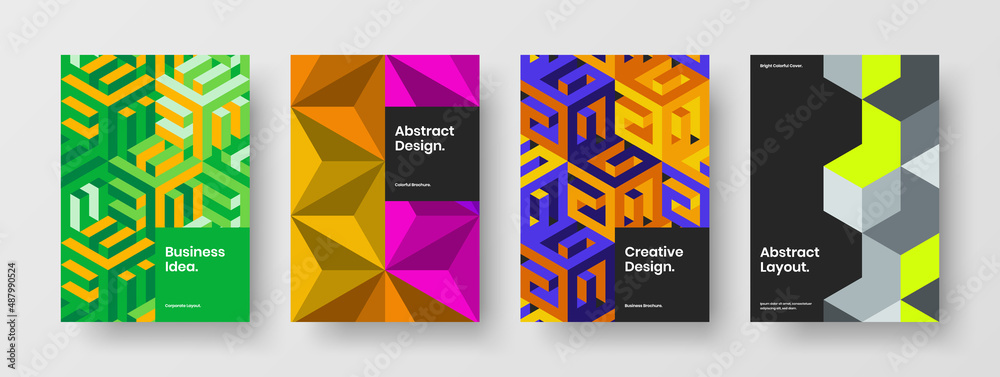 Multicolored annual report design vector illustration composition. Premium geometric tiles leaflet template collection.